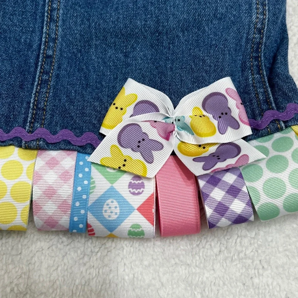 Old‎ Navy Girls 5T Blue Denim Easter Peeps Ribbon Trim Jumper Dress Custom Bow
